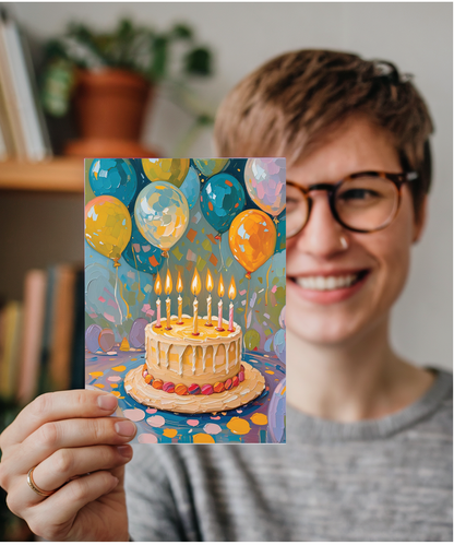 Birthday cake and candles oil painting