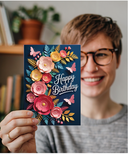 3D effect Flowers and butterfly happy birthday