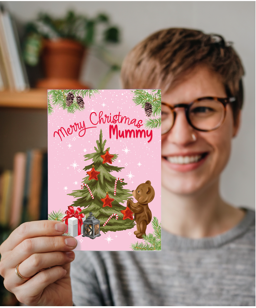 Merry Christmas Card for Mummy from Baby Bear Christmas Tree Decorating
