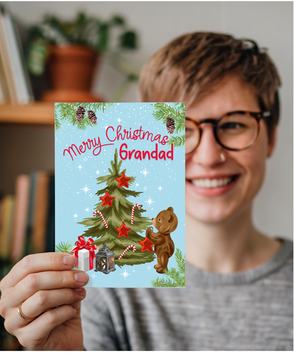 Merry Christmas Card for Grandad from Baby Bear Christmas Tree Decorating