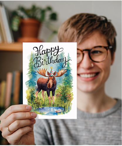 Happy Birthday cute moose watercolour