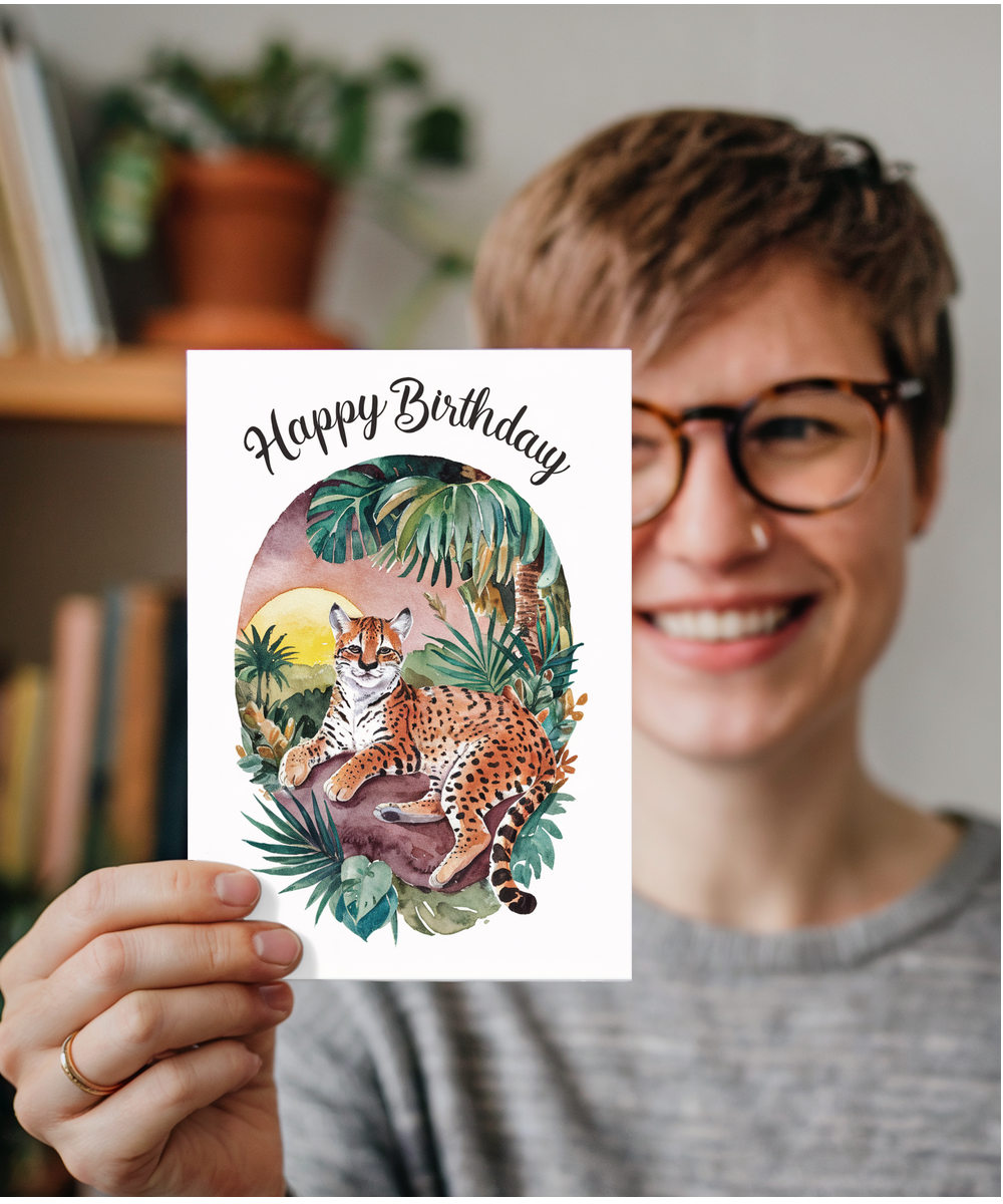 Happy Birthday cute ocelot watercolour