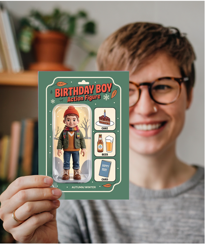 Happy Birthday card autumn and winter birthday boy action figure