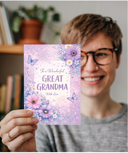 Grandma Birthday Card To a Wonderful Great Grandma With Love Violet Butterflies