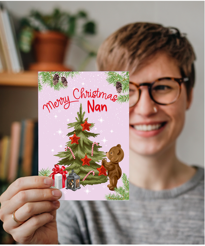 Merry Christmas Card for Nan from Baby Bear Christmas Tree Decorating