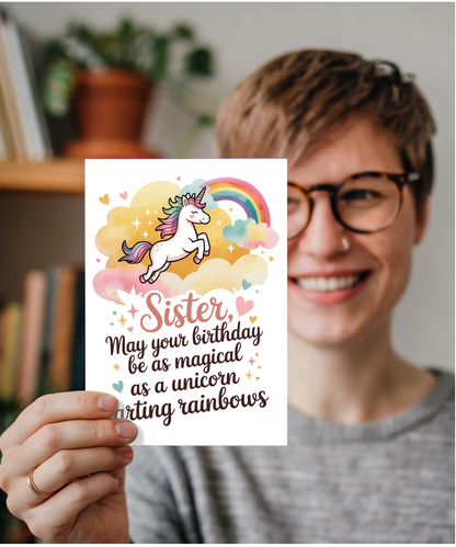 sister, may your birthday be as magical as a unicorn farting rainbows