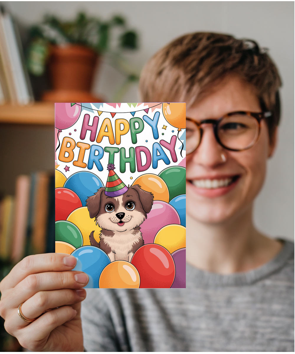Happy Birthday - Puppy with Balloons