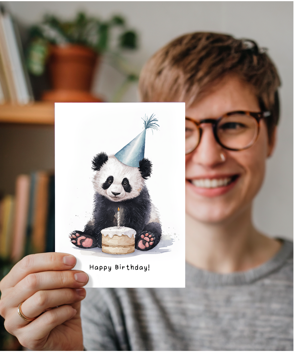Baby Panda Bear Birthday Card Adorable Animal Watercolour Illustration