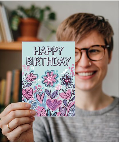 Happy Birthday Card bouquet flowers with hearts