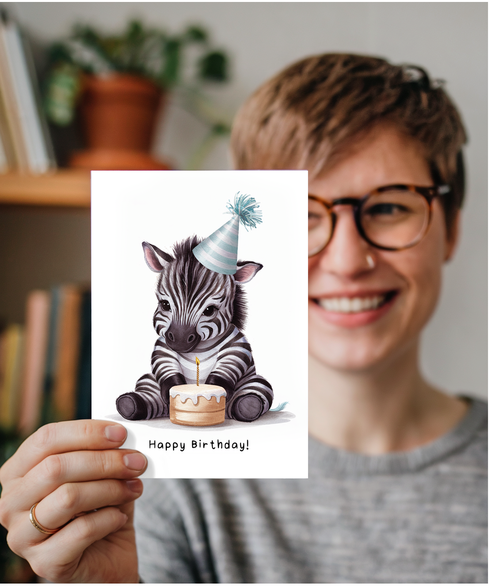 Baby Zebra Birthday Card Adorable Animal Watercolour Illustration