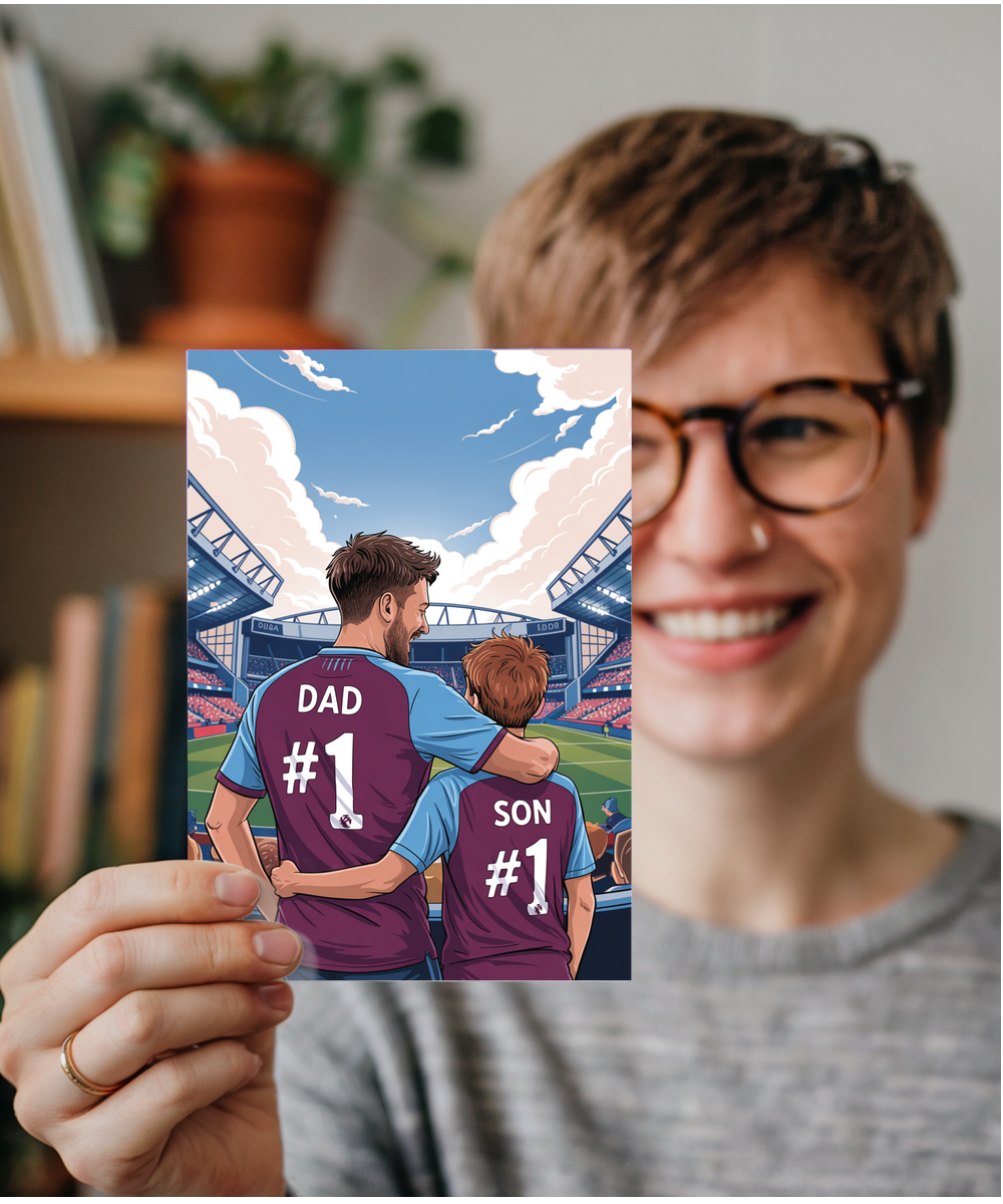 football claret and light blue number one dad and son
