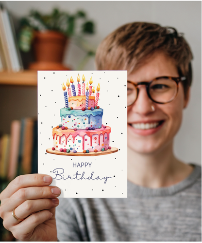 Happy Birthday card Water coloured polka dot cake