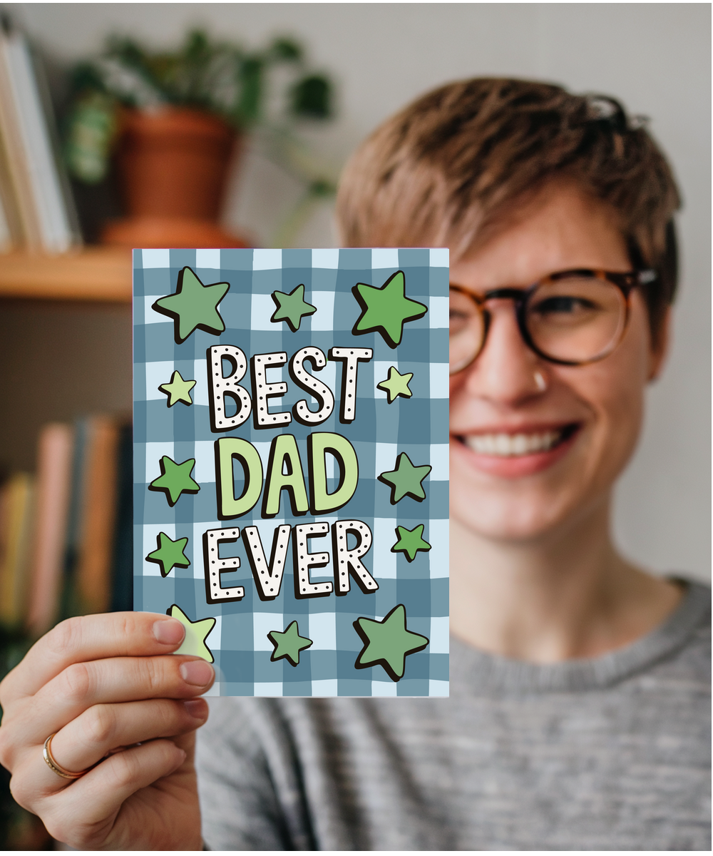 Father's day card best dad ever star checkered pattern