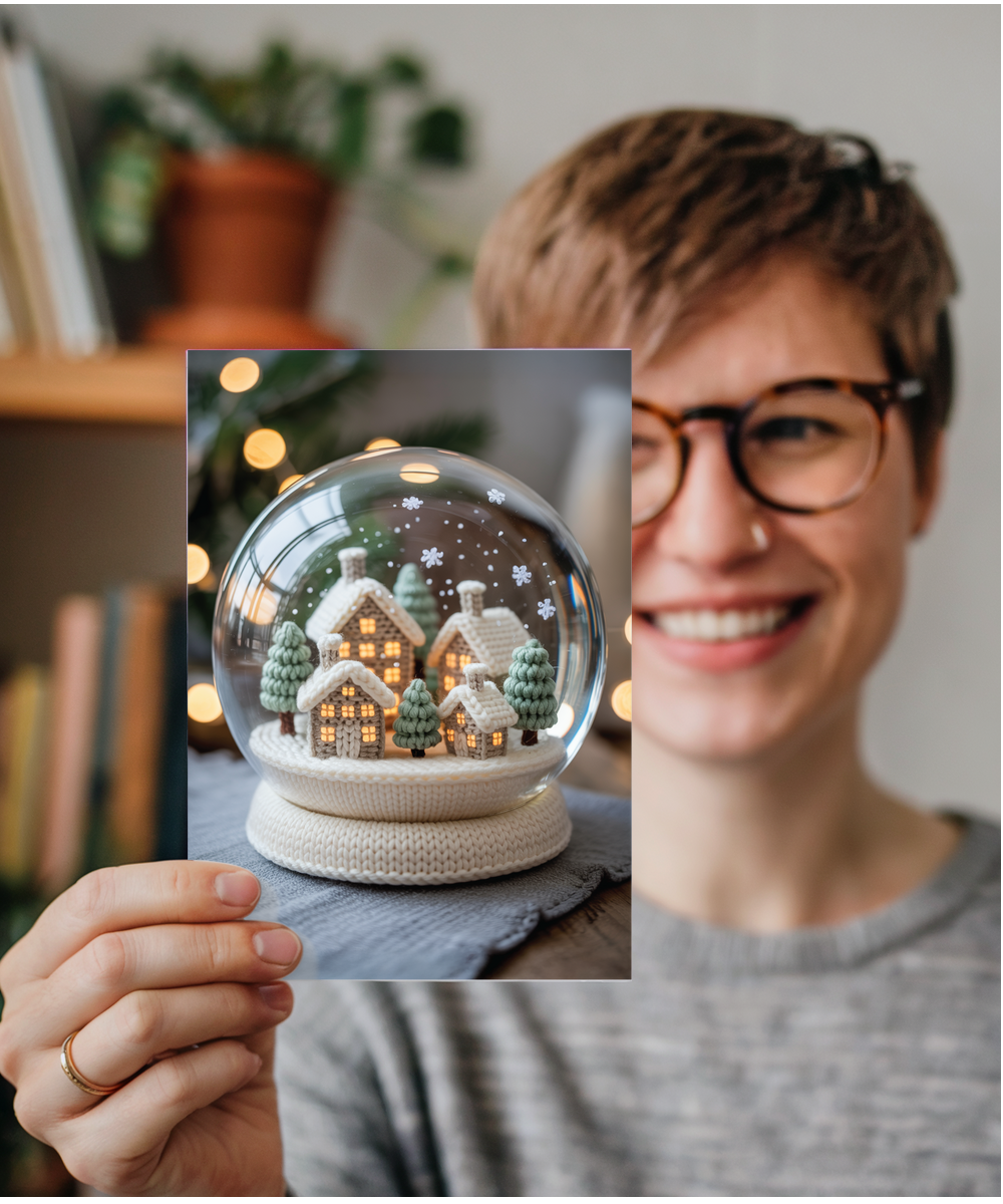 Knitted christmas town snow globe
