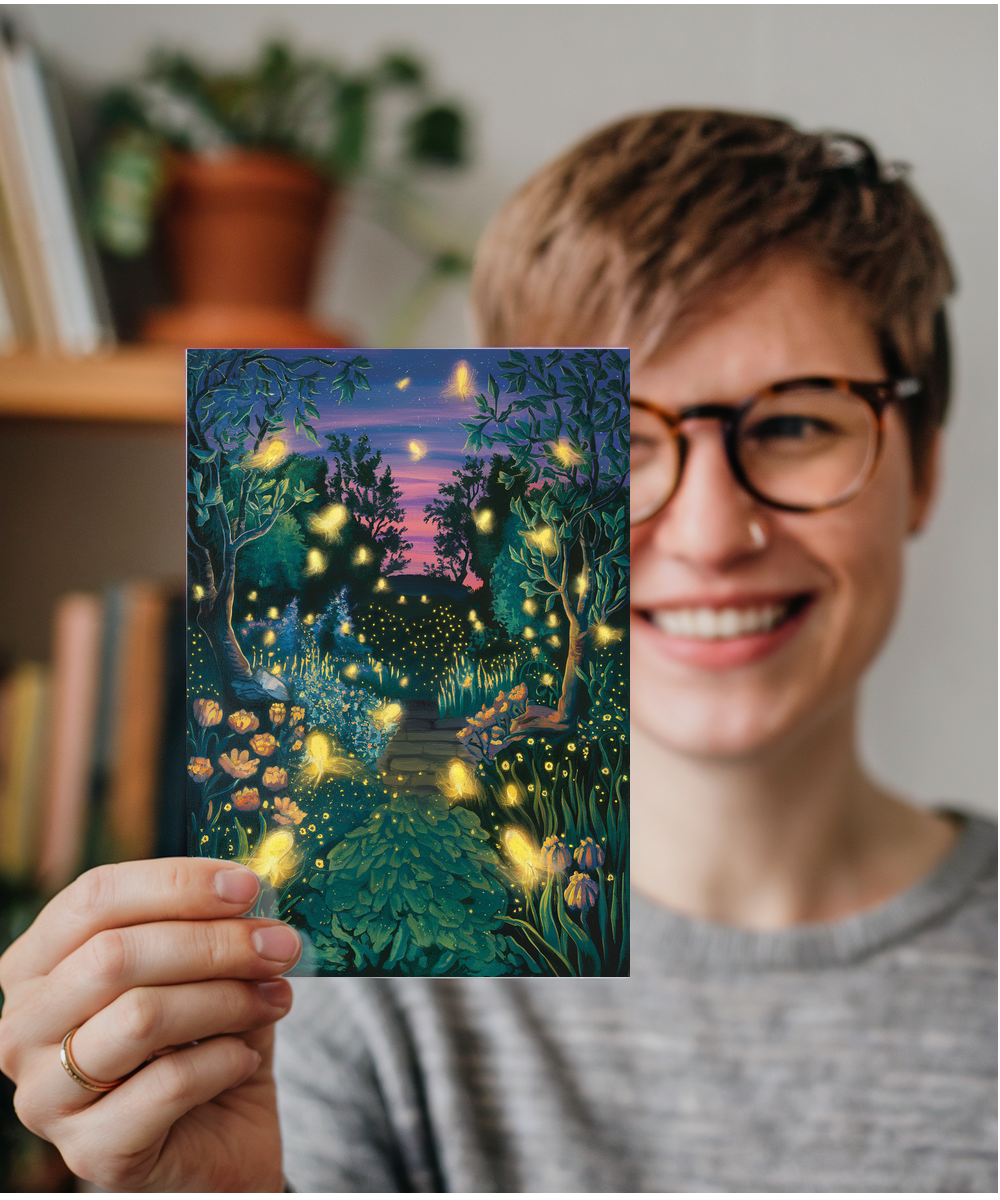 fireflies glowing in a twilight garden