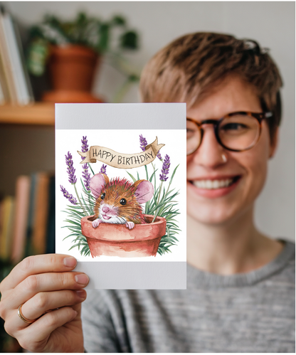 Happy Birthday cute mouse plant pot lavender watercolour
