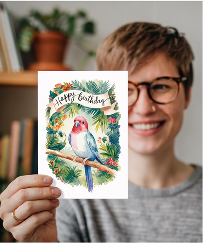 Happy Birthday cute lovebird watercolour