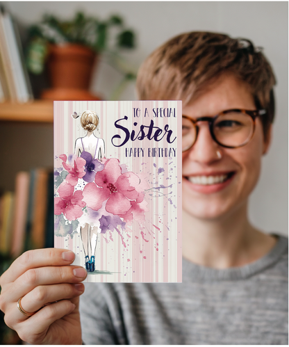 to a special sister happy birthday water coloured flower dress