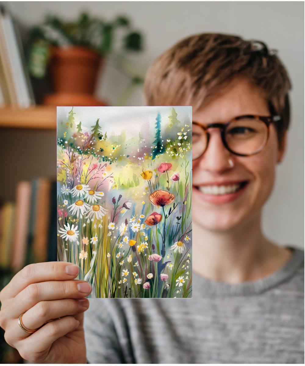 Watercolour meadow filled with wildflowers
