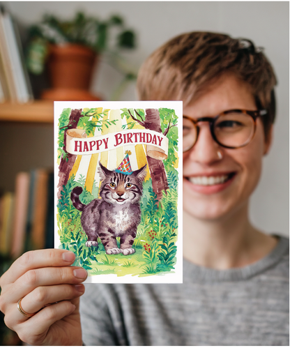 Happy Birthday cute wildcat watercolour