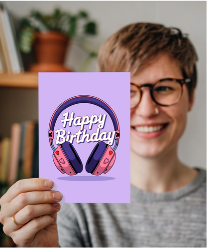 Happy Birthday Card headphones with heart