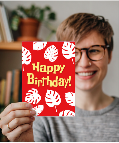 Happy Birthday Card for Best Friend Red Hawaiin Leaf Print