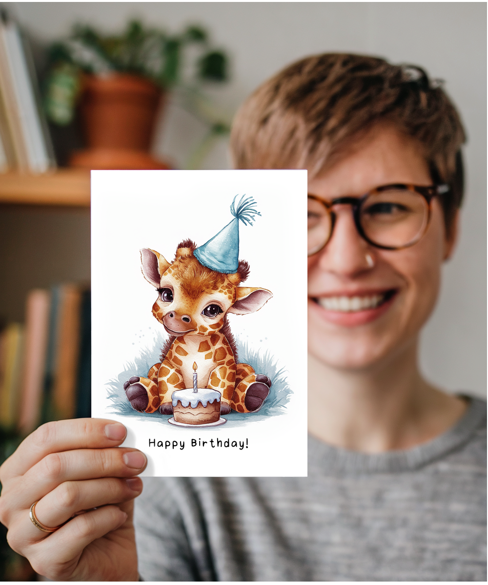 Baby Giraffe Birthday Card Adorable Animal Watercolour Illustration