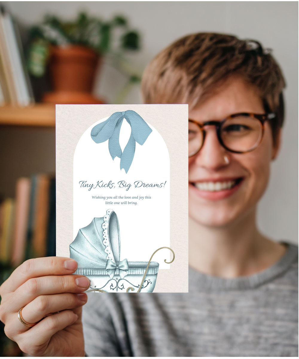 pregnancy card blue tiny kicks, big dreams