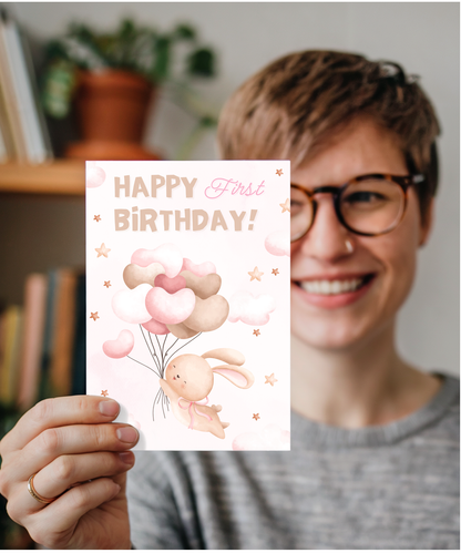 happy first birthday card pink balloons bunny