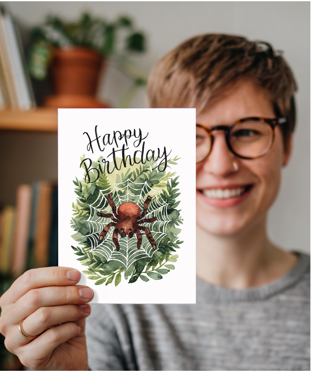 Happy Birthday cute spider web watercolour