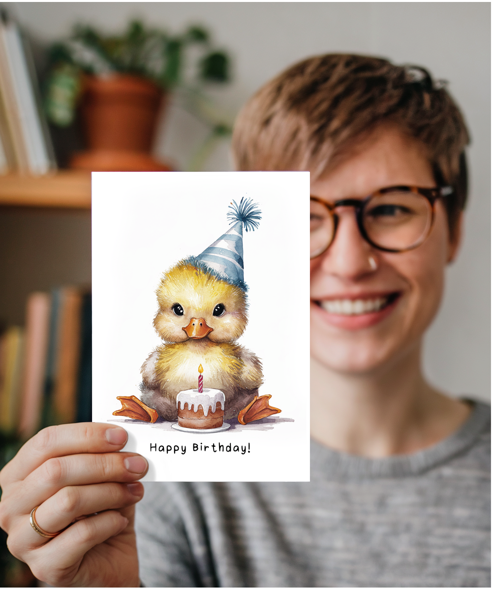 Baby Duck Birthday Card Adorable Animal Watercolour Illustration