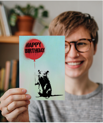 Happy Birthday Card Rat stencil red balloon