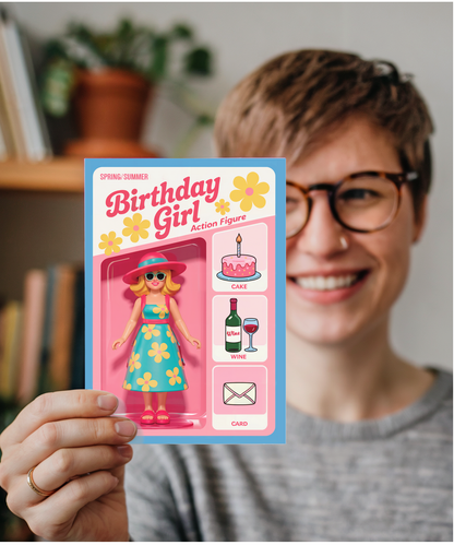 Happy Birthday card spring and summer birthday girl action figure