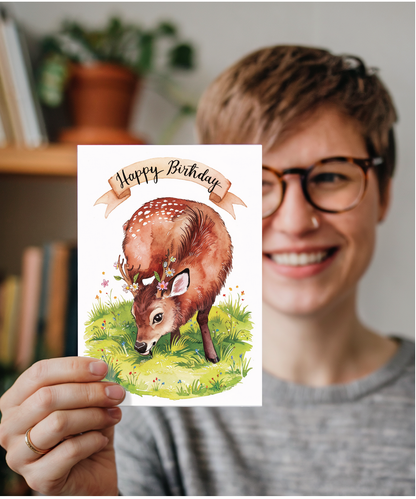 Happy Birthday cute musk deer watercolour