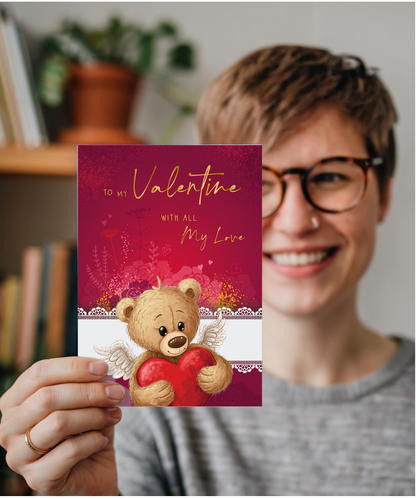Cute Romantic Valentines Day Card To My Valentine With All My Love Cupid Teddy Bear