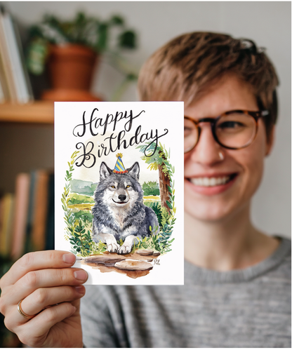 Happy Birthday cute wolf watercolour