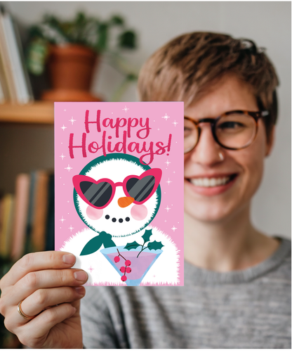 Christmas Card Happy Holidays with Classy Snow Woman and a Cocktail