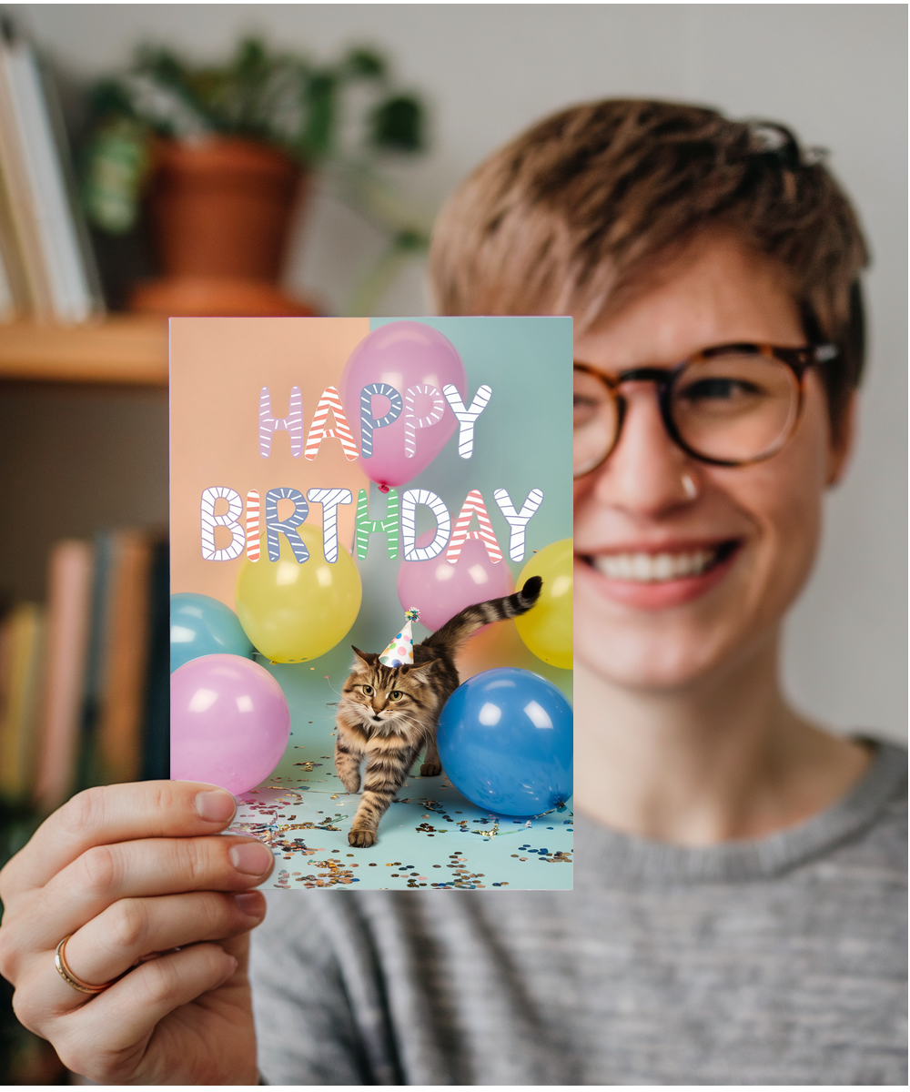 Happy Birthday with Cat with Balloons