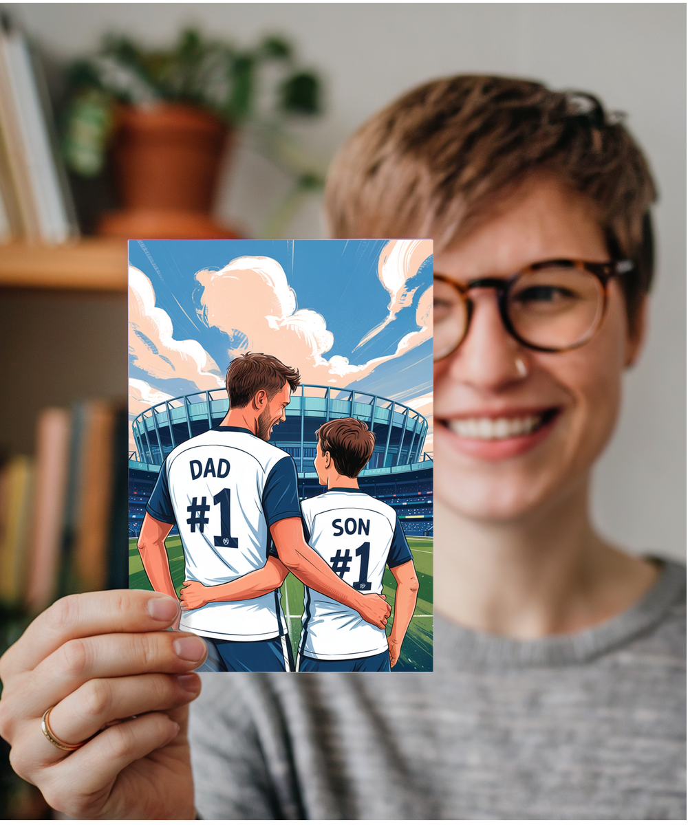 football white and blue number one dad and son
