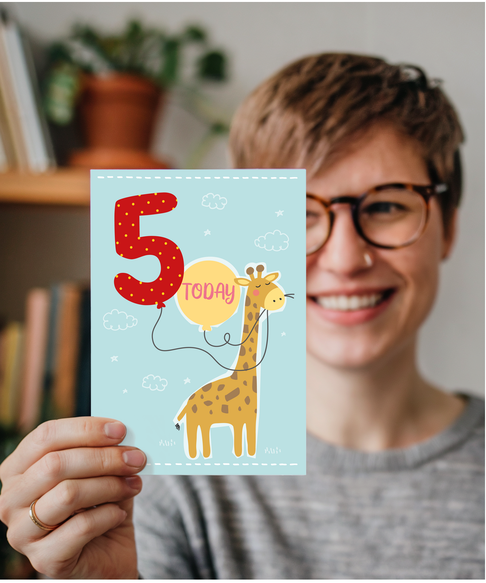 Childrens Birthday Card Five Today Balloon with Cute Giraffe
