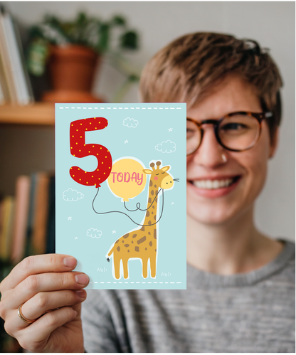 Childrens Birthday Card Five Today Balloon with Cute Giraffe
