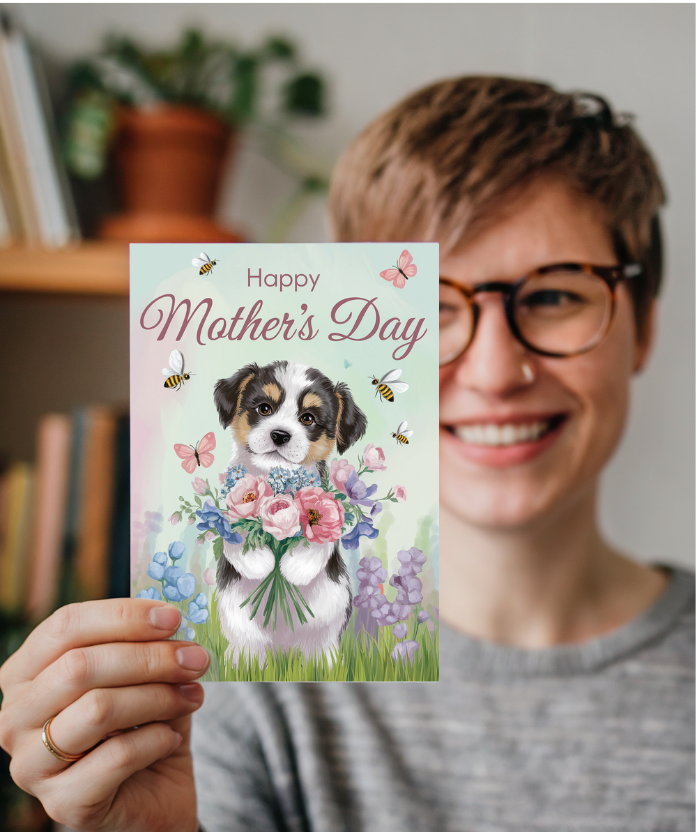 Happy Mother's Day - Puppy with Flowers
