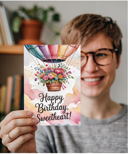 Happy Birthday card sweetheart hot air balloon bouquet
