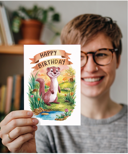 Happy Birthday cute weasel watercolour