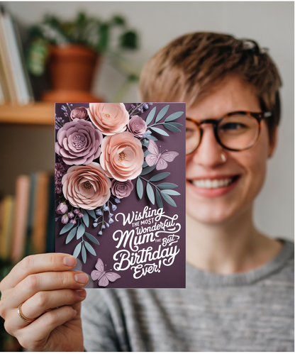 3D effect flowers and butterfly wishing the most wonderful mum the best birthday ever