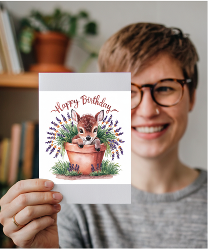 Happy Birthday cute baby deer, calf, fawn plant pot lavender watercolour