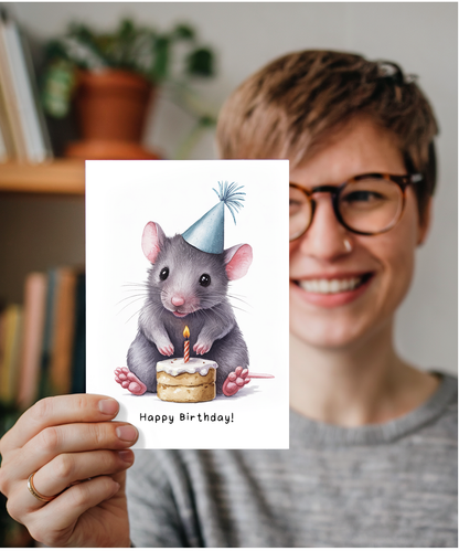 Baby Mouse Birthday Card Adorable Animal Watercolour Illustration