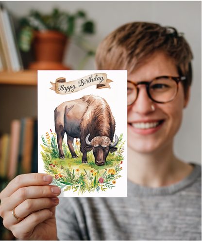 Happy Birthday cute buffalo watercolour