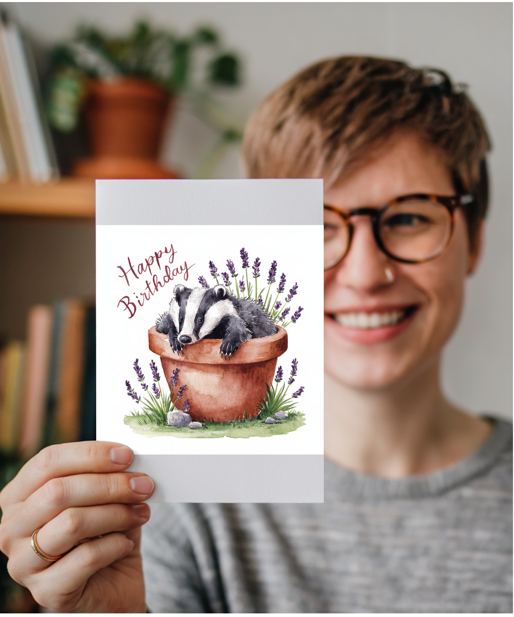 Happy Birthday cute badger plant pot lavender watercolour