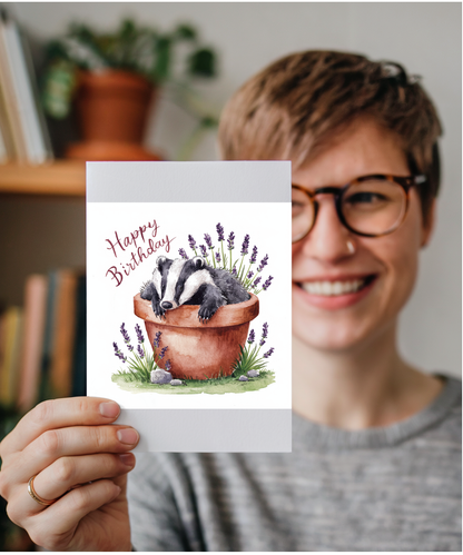 Happy Birthday cute badger plant pot lavender watercolour